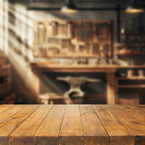 Fototapeta  - Worn old wooden table and workshop interior. Retro vintage photo of background and mockup. Sun light and dark shadows.