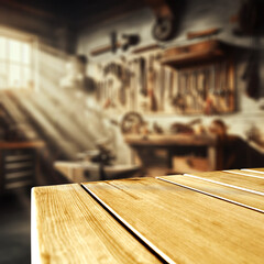 Wall Mural - worn old wooden table and workshop interior. retro vintage photo of background and mockup. sun light