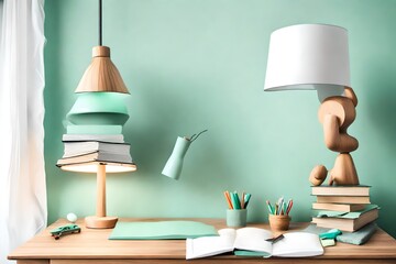 Pile of books, wooden hand and industrial mint colored lamp on stylish wooden desk in white kid`s bedroom