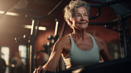 Older senior grandma working out at gym with weights on machine. Concept of Active aging, senior fitness, gym workout, strength training, weightlifting, healthy lifestyle, exercise equipment, fitness.