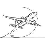 Fototapeta Tematy - Continuous one line drawing of airplane at sunset. Line vector illustration.