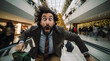 Shocked man with wild hair rushes in a mall, holding a bag, near holiday decorations and crowds