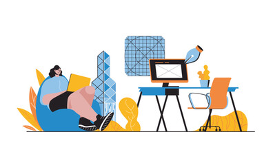Wall Mural - designer agency web concept with people in flat cartoon design. woman working in creative studio, dr