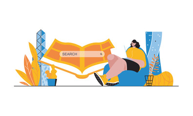 Poster - Distance learning web concept with people in flat cartoon design. Student studying at laptop online, reading books and makes homework. Vector illustration for social media banner, marketing material.
