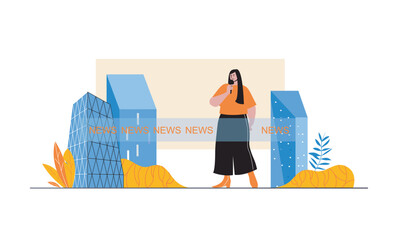 Aufkleber - Journalism web concept with people in flat cartoon design. Woman journalist with microphone working in television with breaking news. Vector illustration for social media banner, marketing material.