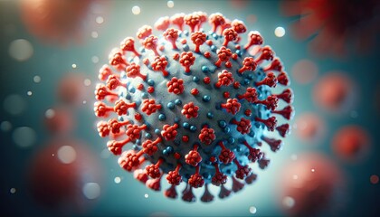 Wall Mural - 3D illustration of a virus. The visuals depict the virus with red spike proteins and a grey envelope. Illustrations are designed for educational.