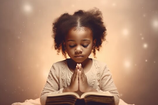 little black girl on knees holding hands and praying in the morning, pastel neutral background. chri