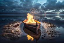 A Small Rowing Boat On Fire