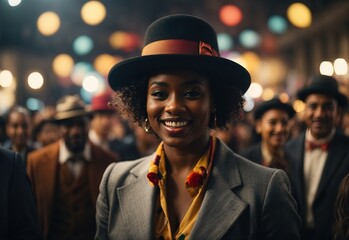 Wall Mural - Beautiful black women suit and bowler hat, surrounded by crowd people on the background