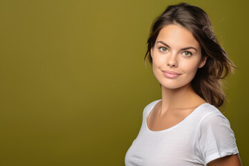 Wall Mural - beautiful young woman in white shirt looking at camera on green background.