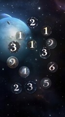 Wall Mural - numerology and esoteric astrology magic concept. flying cosmic numbers in space galaxy.