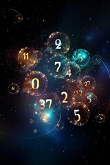 Wall Mural - numerology and esoteric astrology magic concept. flying cosmic numbers in space galaxy.