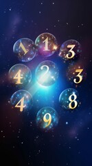 Wall Mural - numerology and esoteric astrology magic concept. flying cosmic numbers in space galaxy.