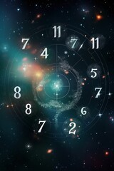 Wall Mural - numerology and esoteric astrology magic concept. flying cosmic numbers in space galaxy.