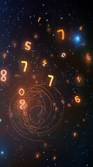 Wall Mural - numerology and esoteric astrology magic concept. flying cosmic numbers in space galaxy.