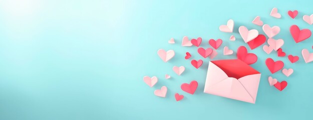 happy valentine's day paper hearts flying from an envelope on blue background, love letter, love and valentine card 