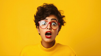 Wall Mural - Shocked young woman wearing glasses on yellow background, closeup.