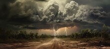 Outdoor Color Photograph Of Rural Dirt Road Running Through Scrublands Under Low Threatening Cloud With Forked Lightning, Moody And Atmospheric
