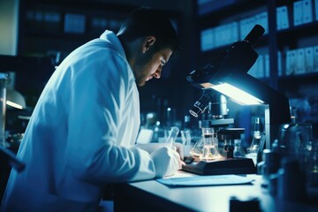 Wall Mural - A man wearing a lab coat is seen working on a laptop. This image can be used to depict a scientist or researcher conducting experiments or analyzing data in a laboratory setting