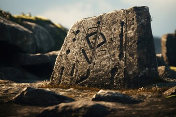 Poster - A rock with a drawing on it placed in the middle of a field. Suitable for nature-themed designs or as an element of artistic compositions