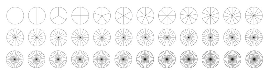 Segmented infographic charts collection. Many number of sectors divide the circle on equal parts. Set of pie, pizza charts. Presentation template element from 1 to 36 segments. Diagram wheel parts.