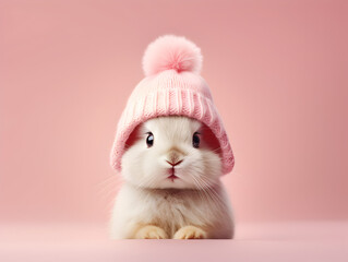 Wall Mural - Adorable Winter Bunny: Cute Rabbit in a Pastel Pink and White Winter Hat