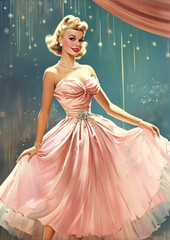 Wall Mural - Retro 1960's postcard of smiling blond hair woman, in beautiful long pink dress on stage with splashes on background