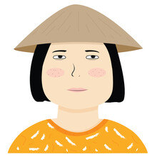 Vector Illustration Depicts An Asian Woman Wearing A Yellow Shirt, Front View And Wearing A Straw Conical Hat, A Symbol Of Vietnam.