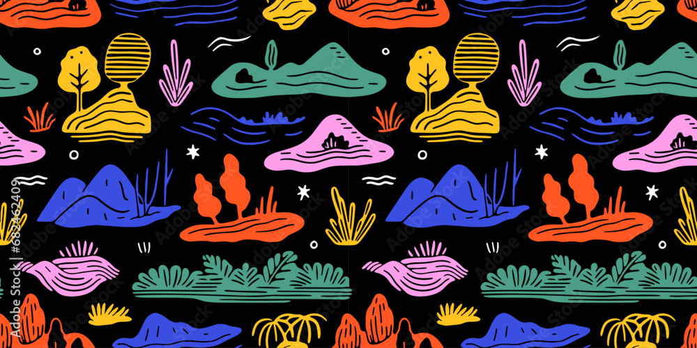 Colorful hand drawn landscape doodle seamless pattern. Nature mountain ...