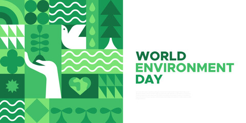 World Environment Day web template illustration with modern eco geometric nature mosaic. Green abstract geometry shape symbol background for online earth holiday or internet landing page.