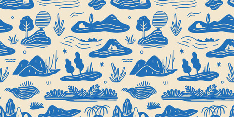 Wall Mural - hand drawn landscape doodle seamless pattern. nature mountain cartoon background. outdoor environmen