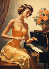 Wall Mural - Retro 1960's postcard of woman in beautiful golden dress, plays piano at home with flowers on it