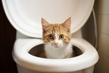 The Cat Is Sitting In The Toilet Bowl. Funny Image.