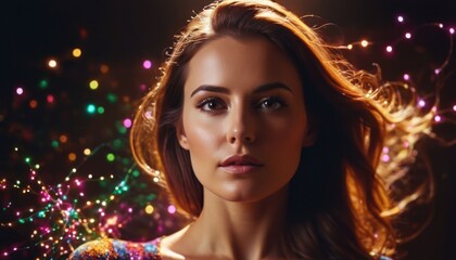 Wall Mural - Close up portrait of beautiful young woman shape, colorful light particles, plexus figures, color splashes. Sensual woman and big glowing particle trails, paint waves. Colorful Futuristic background