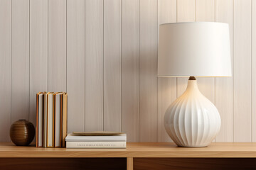 A fashionable, modern white lamp with a golden trim and a linen-fabric lampshade sits atop a plain wooden shelf