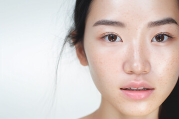 An Asian woman with problematic skin and freckles is gazing at the camera in front of a white backdrop leaving plenty of space for copy.