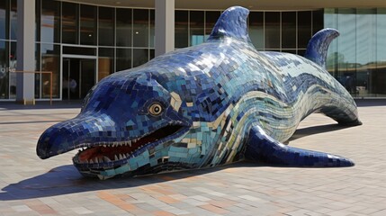 Canvas Print - A dolphin statue on a brick walkway, AI