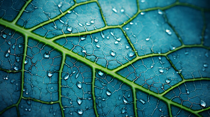 A macro of a horseradish leaf featuring an abstract, vegetable-themed mosaic of cells and veins against a blue-green tinted backdrop.