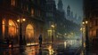 an elegant cityscape with lights shimmering on a wet street