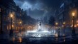 an elegant cityscape with lights diffused through the steam rising from a manhole