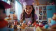 Imaginary child-chef. A funny girl whipping up imaginary feasts for her plush companions