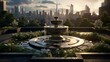 an elegant picture of an urban rooftop garden with a reflective fountain