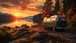 How can a scenic sunset road trip by the riverside in nature provide an adventurous and liberating experience while traveling in a van?
