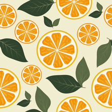 Vector Seamless Pattern With Orange Slices And Leaves In Flat Style On A Beige Background.
