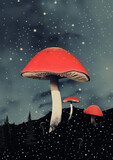 Fototapeta Pokój dzieciecy - Minimalist abstract collage of champignon mushroom against the background of the red night sky and stars