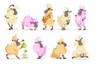 Funny Sheep Character with Woolly Coat Vector Set