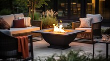 Beautifully Designed Outdoor Patio Area With Modern Furniture, Potted Plants, And A Cozy Fire Pit.