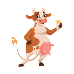 Poster - Funny Cow Character with Udder and Horns Drink Milk from Glass Vector Illustration