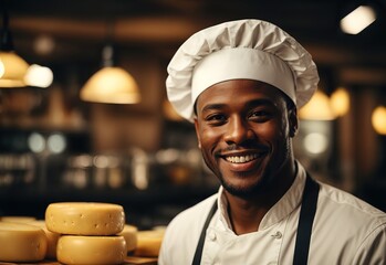 Sticker - charming handsome black men wearing cheese maker chef hat, cheese on the background