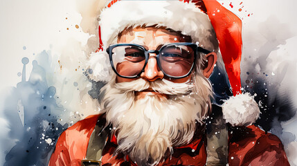 Santa Claus dons stylish glasses in a watercolor portrait